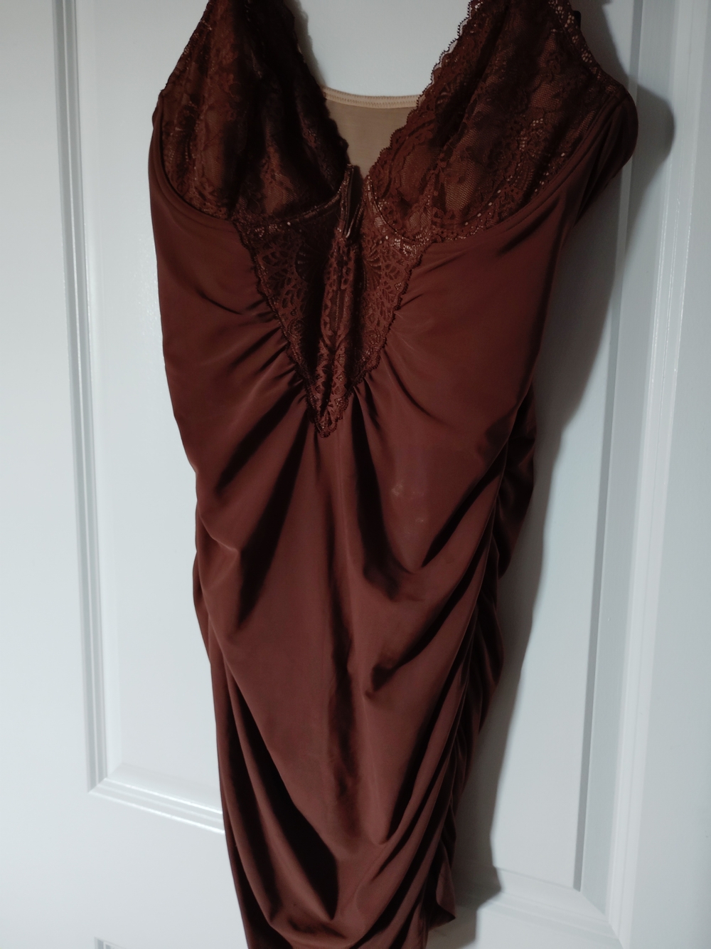 Sleek Lace-Trim Brown Midi Slip Dress
